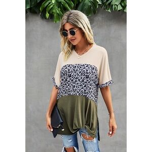 Crew Neck Color Block Animal Print Top